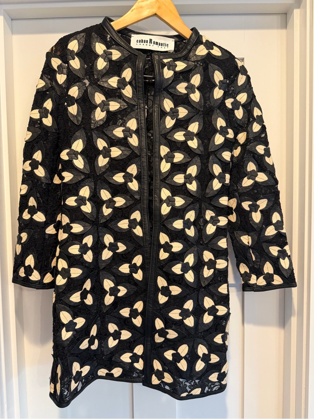 NWT AUTH CABAN ROMANTIC Black & Cream Floral LEATHER Lace Coat